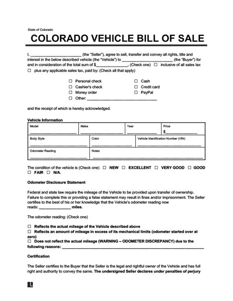 Free Colorado Motor Vehicle Bill Of Sale Template Pdf And Word