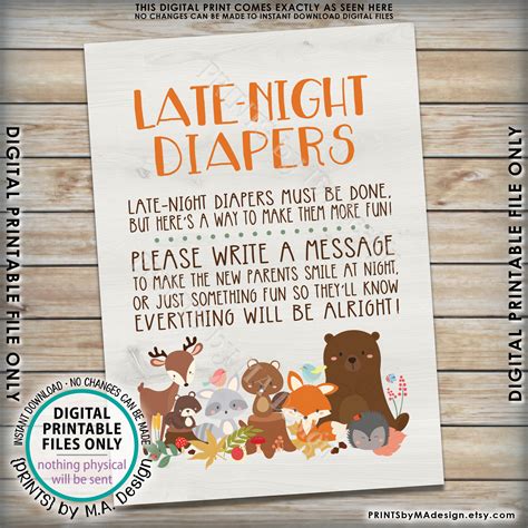 Woodland Baby Shower Late Night Diapers Sign Forest Friends Baby