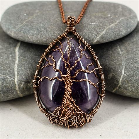 Amazon.com: Handmade Tree of life purple amethyst crystal necklace Healing and protection amulet ...