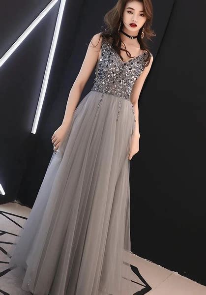 Sparkle Grey Beaded Long Tulle Formal Dress Long Prom Dress 2020