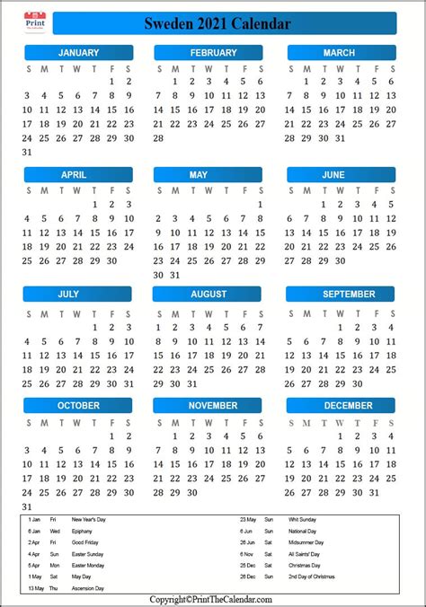 Sweden Calendar 2021 With Sweden Public Holidays