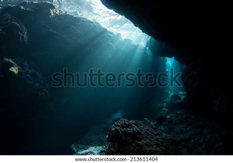Sunlight Cascades Into Shadows Underwater Cavern Stock Photo 213611404