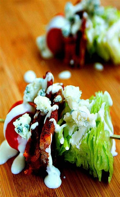 Onto a small skewer, add 1 chunk of lettuce, 2 quarters of bacon, a few slices of onion, a piece of. Pin on Salad Bar
