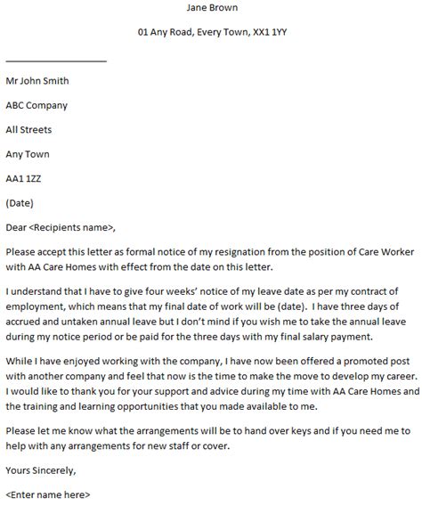 Care Worker Resignation Letter Example