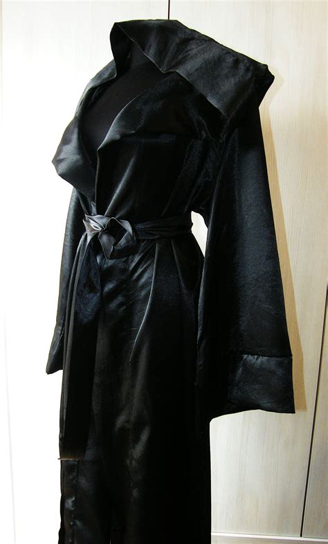 Satin Black Robe Grim Reaper Costume Mage Robe Wizard Tunic Warlock Dress Long Hooded Robe
