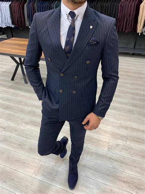 Buy Navy Blue Slim Fit Double Breasted Pinstripe Suit By Gentwith Com