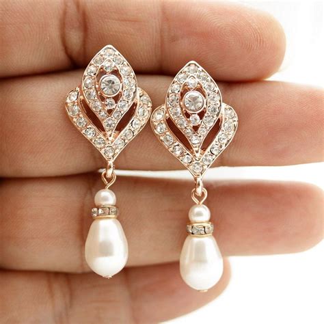 Pearl Drop Rose Gold Earrings Bridal Jewelry Pearl Wedding Earrings