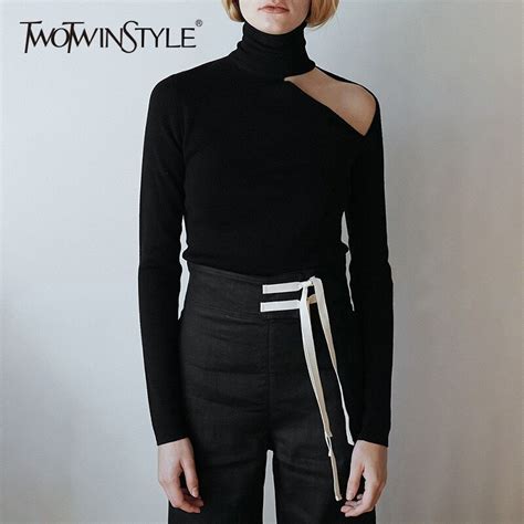 Twotwinstyle Sexy Off Shoulder T Shirts For Women Turtleneck Long Sleeve Irregular Slim Knitting
