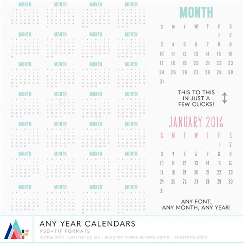 Any Year Calendar Digital Templates Perpetual Calendars Instant