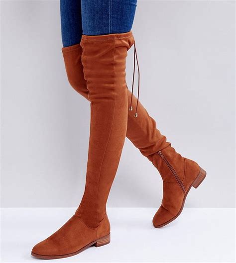 ASOS KEEP UP Flat Over The Knee Boots Tan Over The Knee Boots
