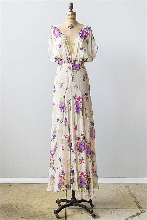 Vintage 1930s Sheer Floral Silk Crepe De Chine Maxi Dress 1930s
