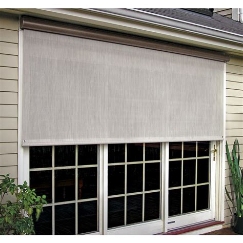 Outdoor window shade exterior solar roll up patio curtain Bali Essentials Cream Vinyl Exterior Solar Shade Left ...
