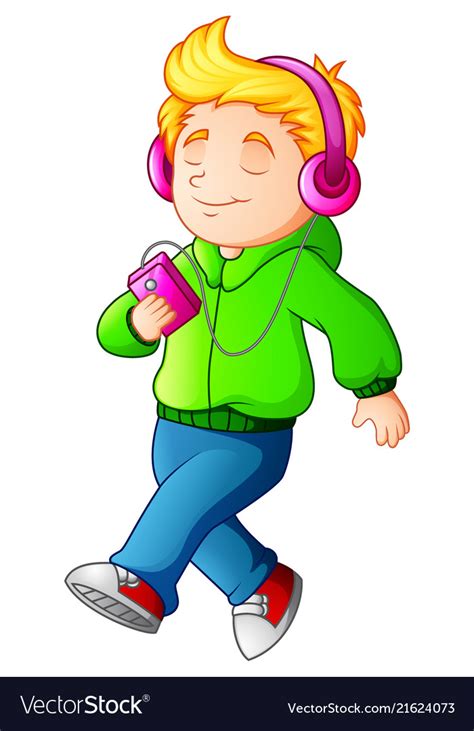 Cartoon Boy Walking And Listening Music Player Vector Image