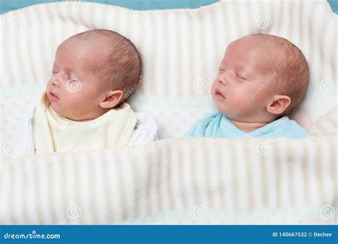 Two Adorable Twin Babies Sleeping In The Same Pose Closeup Portrait