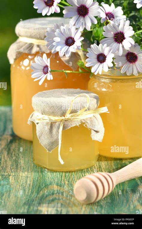 Gläser Voll Mit Leckeren Honig Waben Und Bee Pollen Im Bienenhaus Stockfotografie Alamy