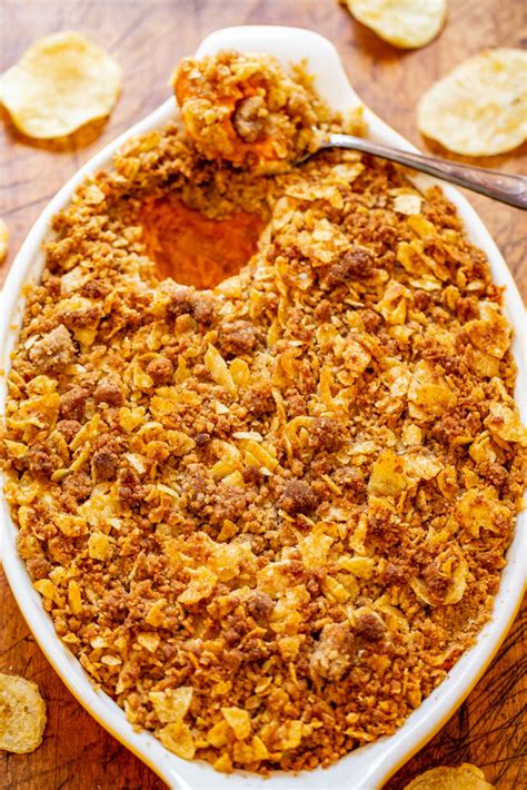 Mashed potatoes, french fries, potato chips. Sweet Potato Casserole With Potato Chip Topping - Averie Cooks