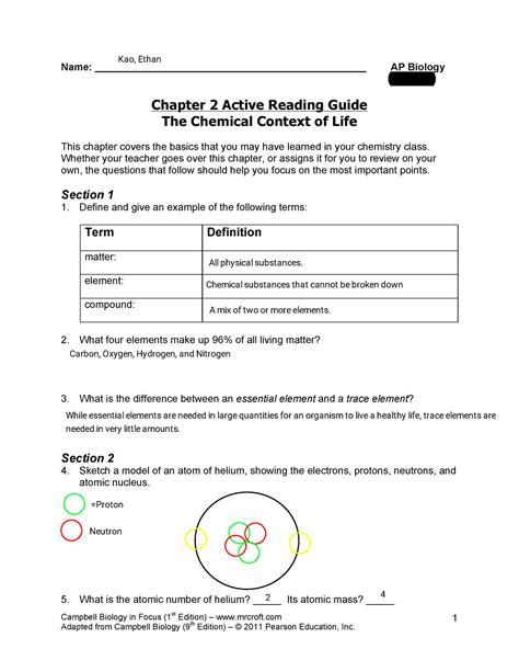 Ap Biology Chapter 2 Active Reading Guide Studocu