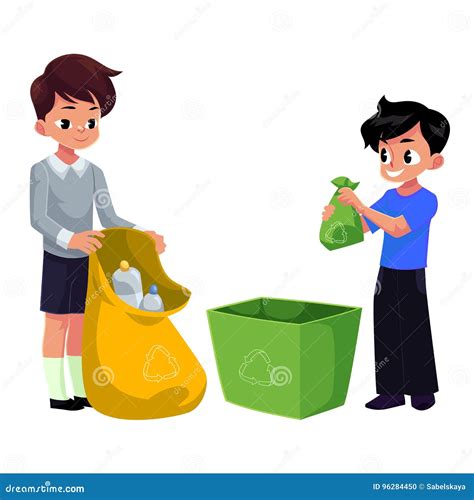 Kids Boys Collect Plastic Bottles Into Garbage Bag Waste Recycling