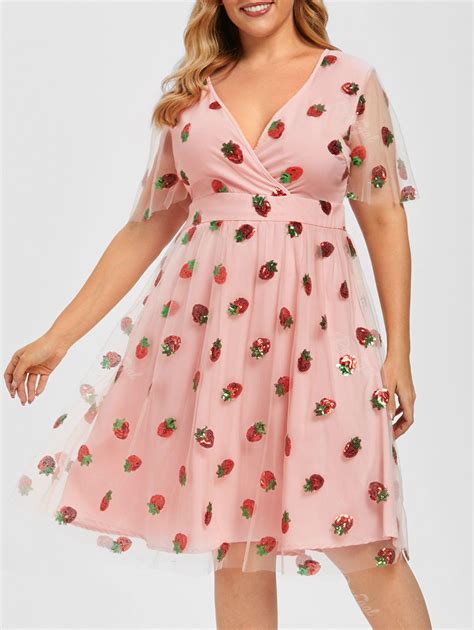 35 Off Plus Size Mesh Strawberry Sequin Surplice Plunge Dress