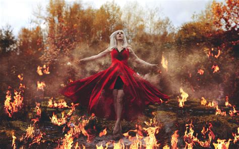 Lyrics to 'girl on fire' by alicia keys: women, Blonde, Barefoot, Fire, Red Dress Wallpapers HD ...