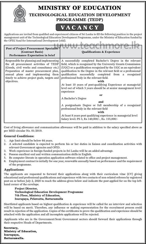 Vacancy Ministry Of Education Teachmore Lk