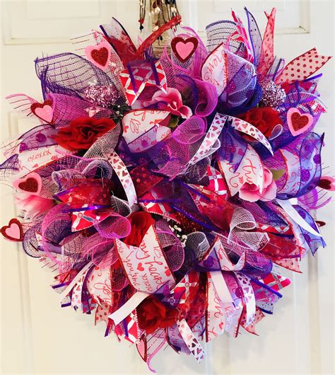 Valentines Day Pink And Purple Hearts Deco Mesh And Ribbon Handmade