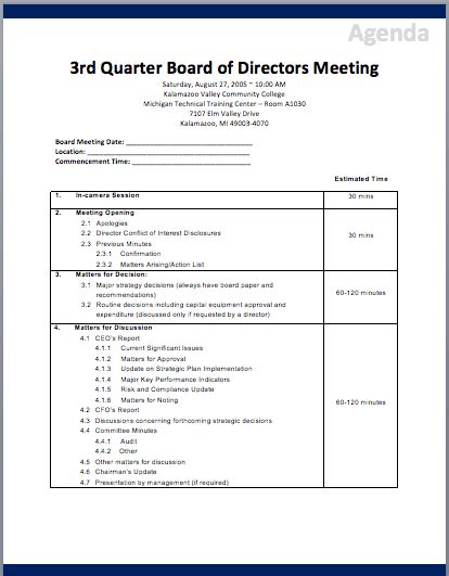 Board Of Directors Meeting Agenda Template Printable Meeting Agenda