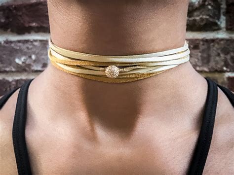Gold Crystal Choker Leather Wrap Choker Necklace Layered Long