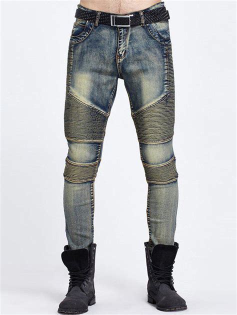 Blue Ribbed Panel Zipper Fly Ripped Jeans