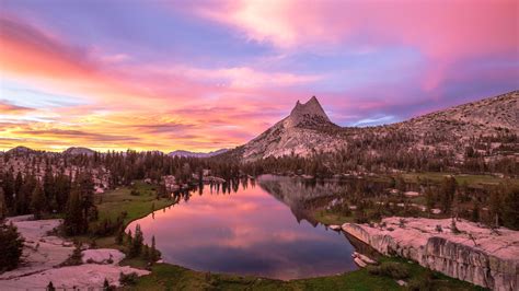 Pink Sunset At Upper Cathedral Lake Yosemite National Park 4k Wallpaper