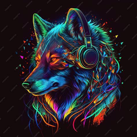 Premium Photo Cool Neon Party Wolf In Headphones On Black Background