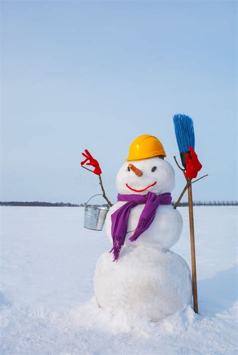 Lonely Snowman At A Snowy Field Stock Photo Image Of Wintry Smiling