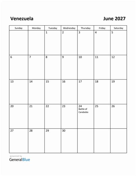 Free Printable June 2027 Calendar For Venezuela
