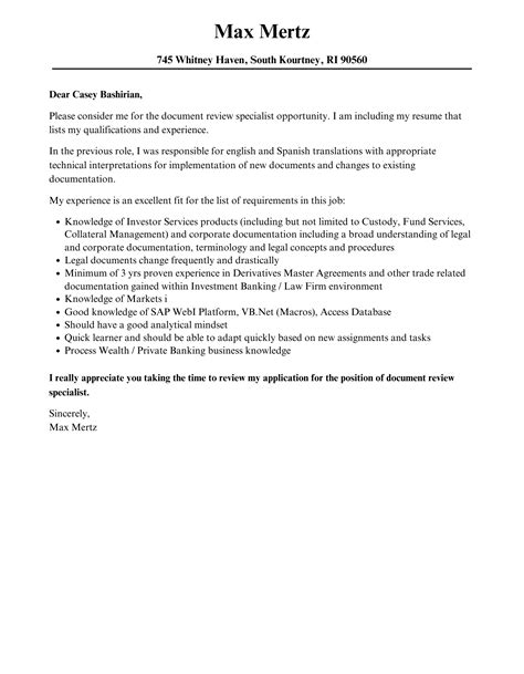 Document Review Specialist Cover Letter Velvet Jobs