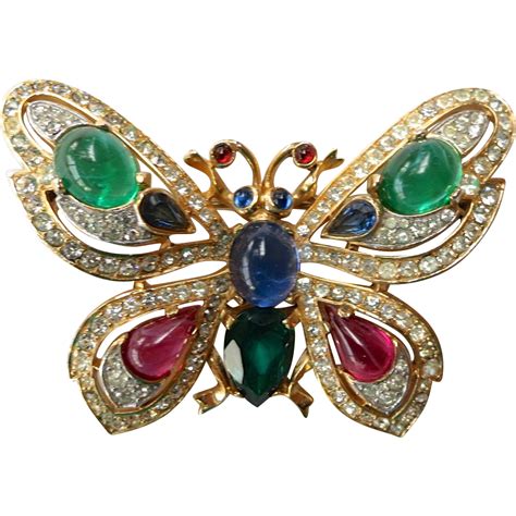 Trifari Jewels Of India Glass Cabochons Rhinestone Butterfly Brooch