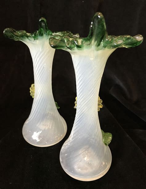 Pair Victorian Opalescent Art Glass Vases With Applied Flowers