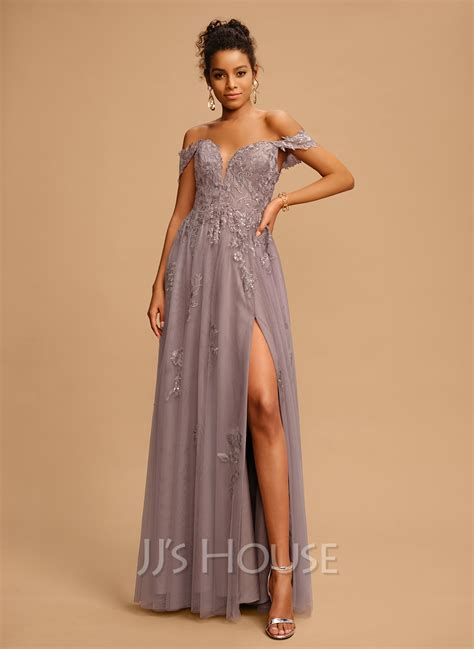 A Line Off The Shoulder Floor Length Tulle Prom Dresses With Sequins