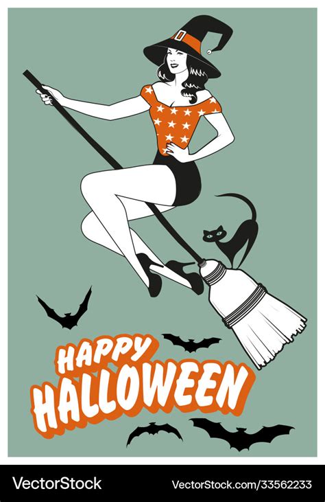 Beautiful Pinup Witch Flying On A Broom Royalty Free Vector