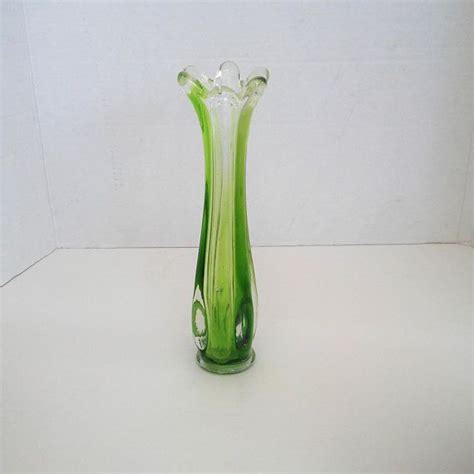 On Sale Vintage Hand Blown Vase Art Glass Swung Glass Vase Green To Clear 60 S Retro Vase Hand
