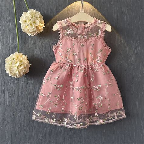 2018 Summer New Childrens Dresses Girls Pure Color Lace Embroidered