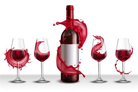 Spesso, i bicchieri da vino sono identificati con il nome del tipo di vino che si può servire al suo interno. Set realistico con bottiglia di vino rosso e quattro ...