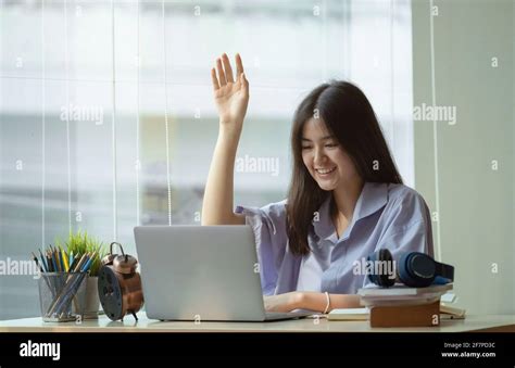Online Education The Girl Raises Her Hand To Answer The Teachers