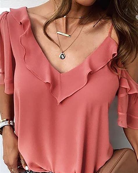 V Neck Solid Ruffle Casual Blouse