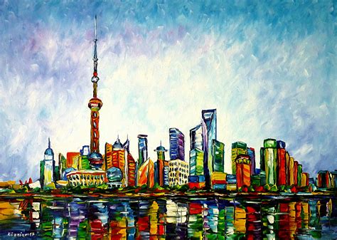Shanghai Skyline Painting By Mirek Kuzniar Artmajeur