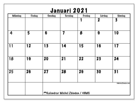 (till exempel vill skriva ut hemma eller på jobbet). Kalender "48MS" januari 2021 för att skriva ut - Michel ...