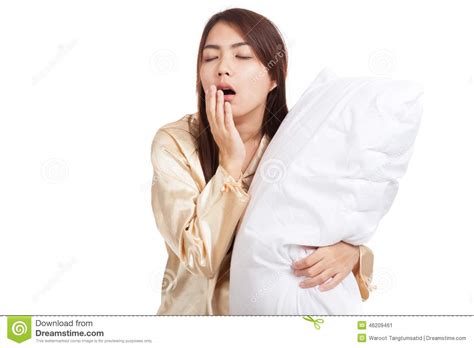 Yawn Asian Girl Wake Up Sleepy And Drowsy With Pillow Stock Image