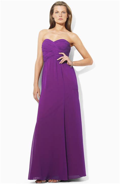 Lauren By Ralph Lauren Ruched Chiffon Strapless Gown In Purple Violet