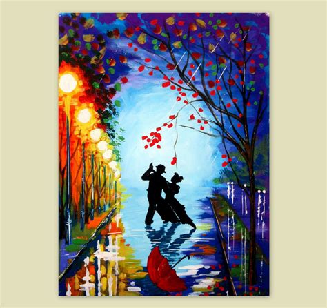 Original Acrylic Painting Couple With Umbrella Night Scene 3 Dancers