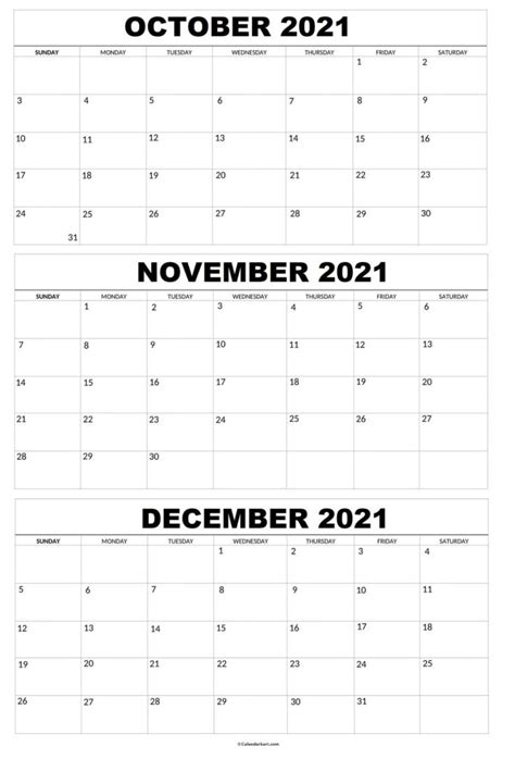 October To December 2021 Calendar Q4 3 Month Per Page Calendarkart