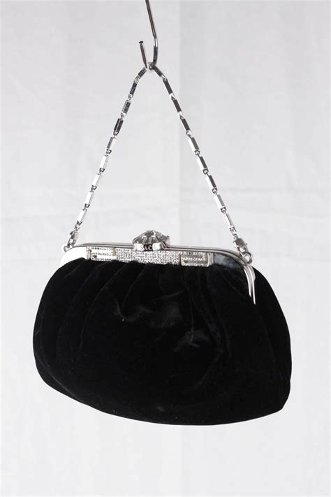 Versace Black Velvet Evening Bag Clutch Purse Rhinestones Detail For